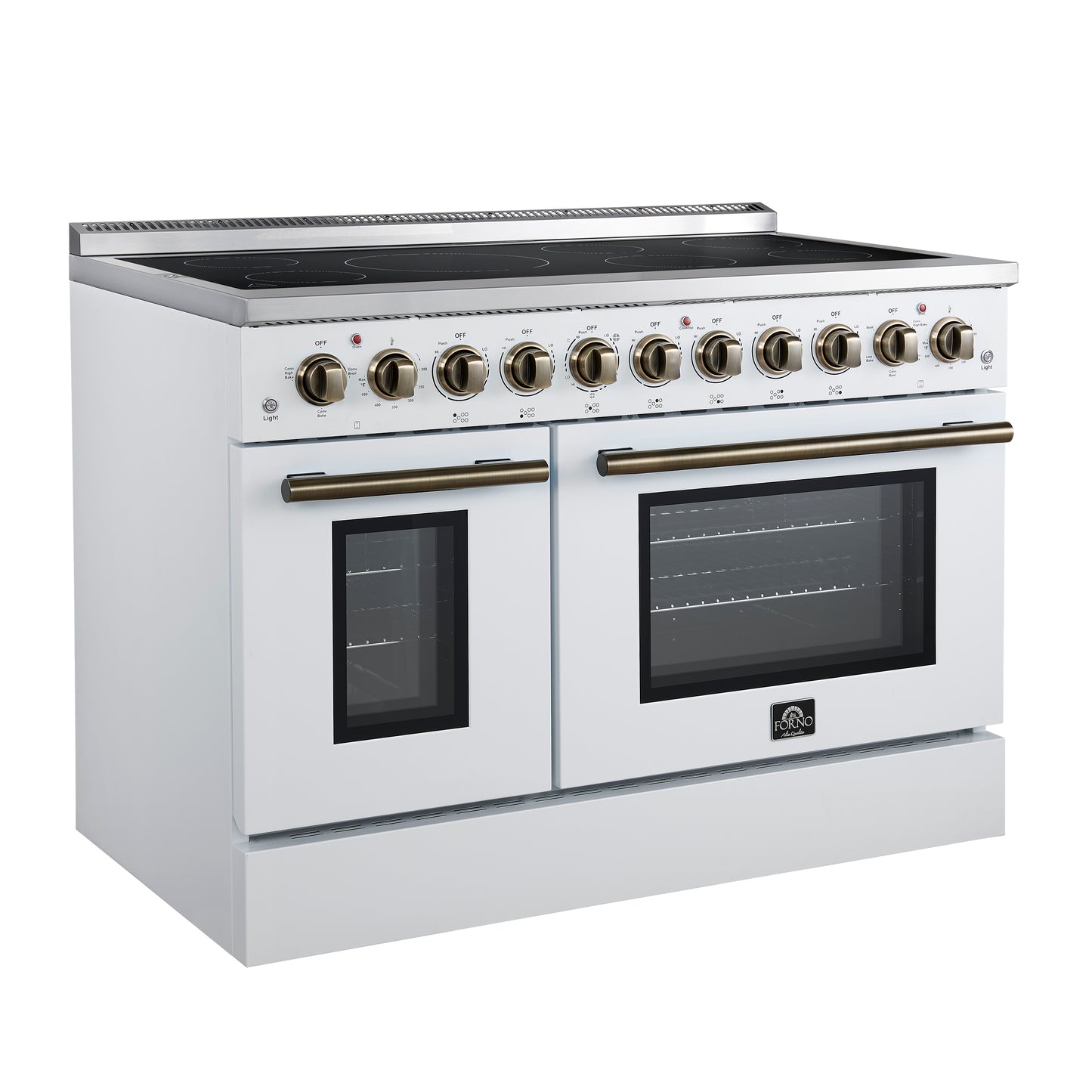 Forno Paolo 48 Inch Freestanding Electric Range in White with Antique Brass, 6.7 cu.ft, True Convection Oven, Energy Efficient
