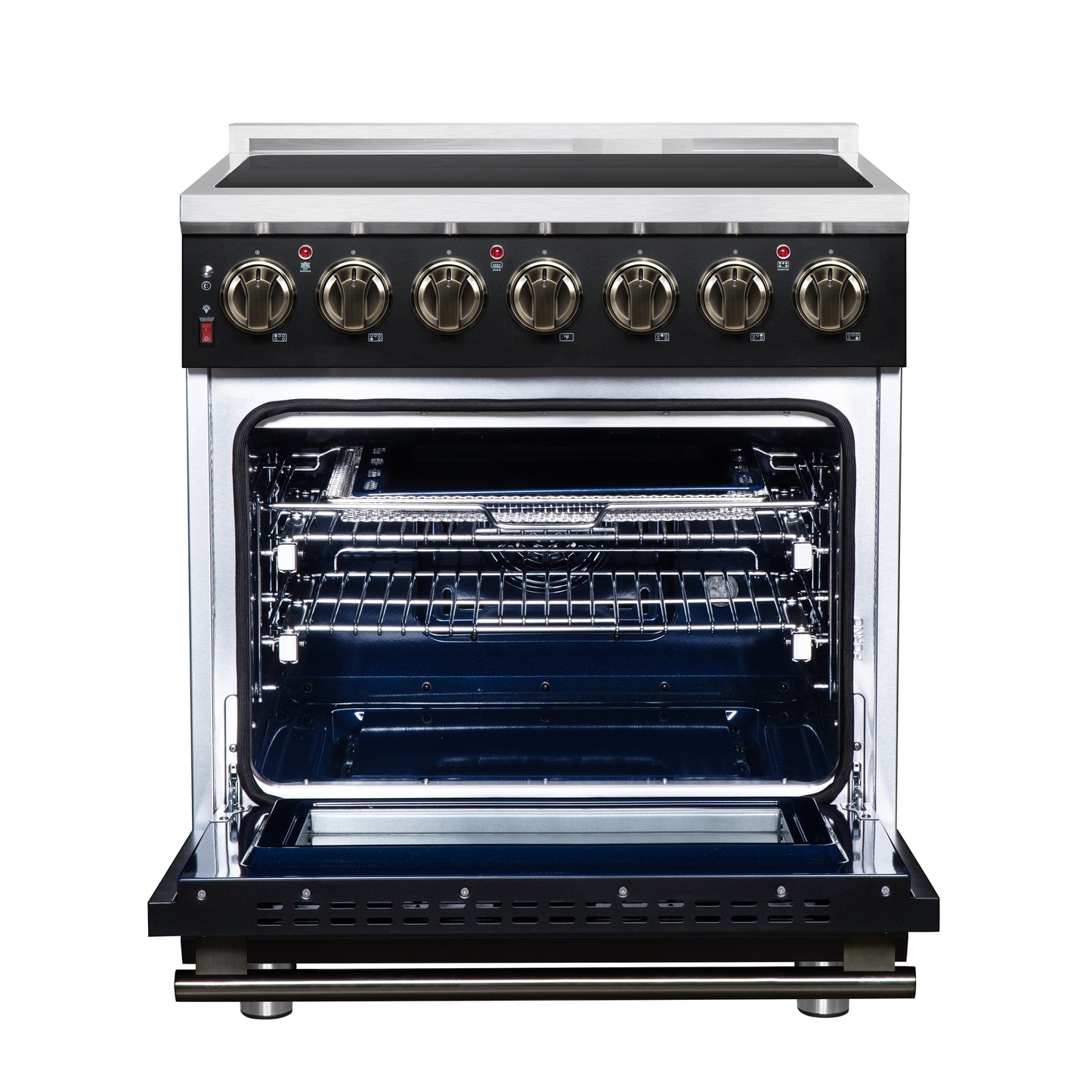 Massimo 30 Inch Freestanding Electric range, 5 radiant burners, 4.32 cf. True Convection oven, Air fryer kit, Black - Forno Appliances