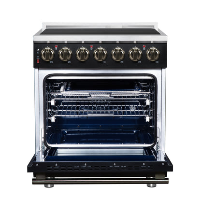 Massimo 30 Inch Freestanding Electric range, 5 radiant burners, 4.32 cf. True Convection oven, Air fryer kit, Black - Forno Appliances