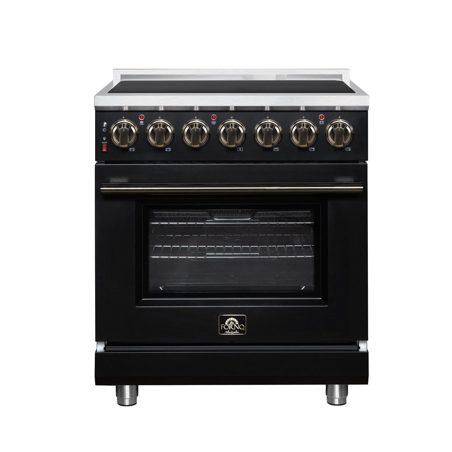 Massimo 30 Inch Freestanding Electric range, 5 radiant burners, 4.32 cf. True Convection oven, Air fryer kit, Black - Forno Appliances