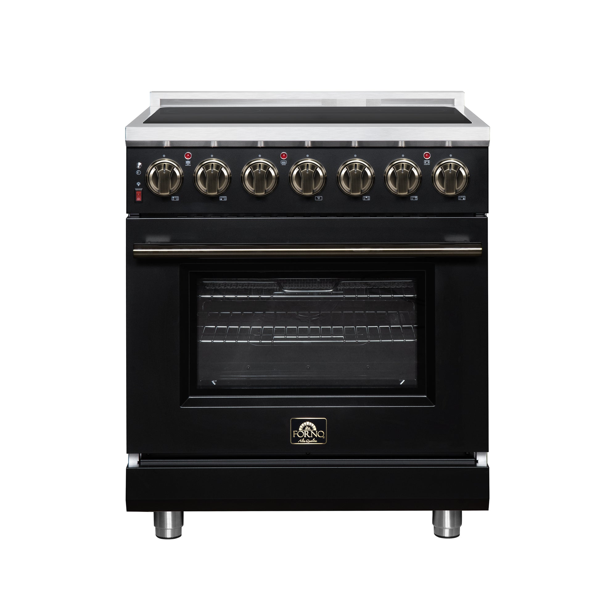 Massimo 30 Inch Freestanding Electric range, 5 radiant burners, 4.32 cf. True Convection oven, Air fryer kit, Black - Forno Appliances