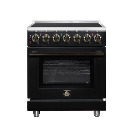 Massimo 30 Inch Freestanding Electric range, 5 radiant burners, 4.32 cf. True Convection oven, Air fryer kit, Black - Forno Appliances