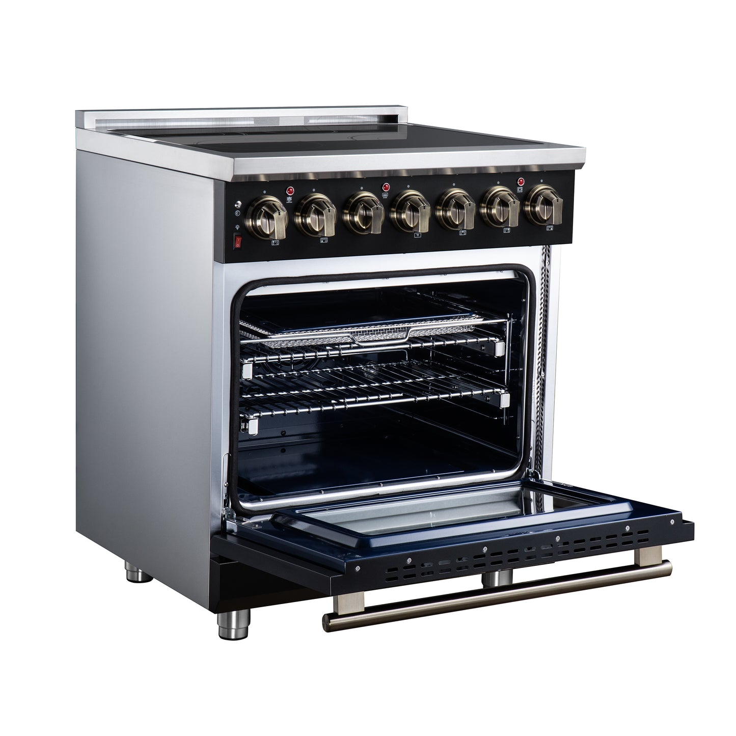 Massimo 30 Inch Freestanding Electric range, 5 radiant burners, 4.32 cf. True Convection oven, Air fryer kit, Black - Forno Appliances