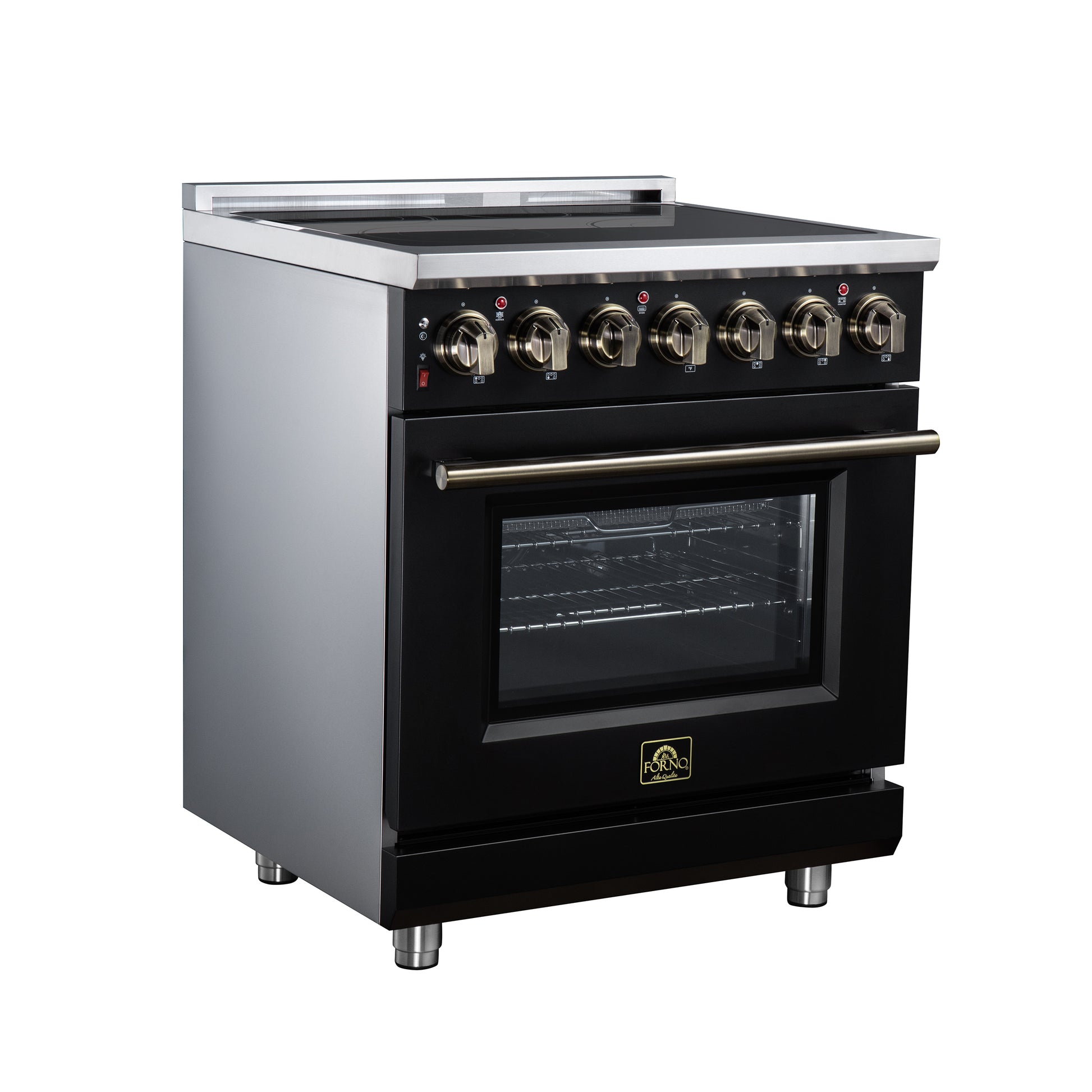 Massimo 30 Inch Freestanding Electric range, 5 radiant burners, 4.32 cf. True Convection oven, Air fryer kit, Black - Forno Appliances