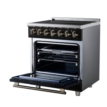 Massimo 30 Inch Freestanding Electric range, 5 radiant burners, 4.32 cf. True Convection oven, Air fryer kit, Black - Forno Appliances