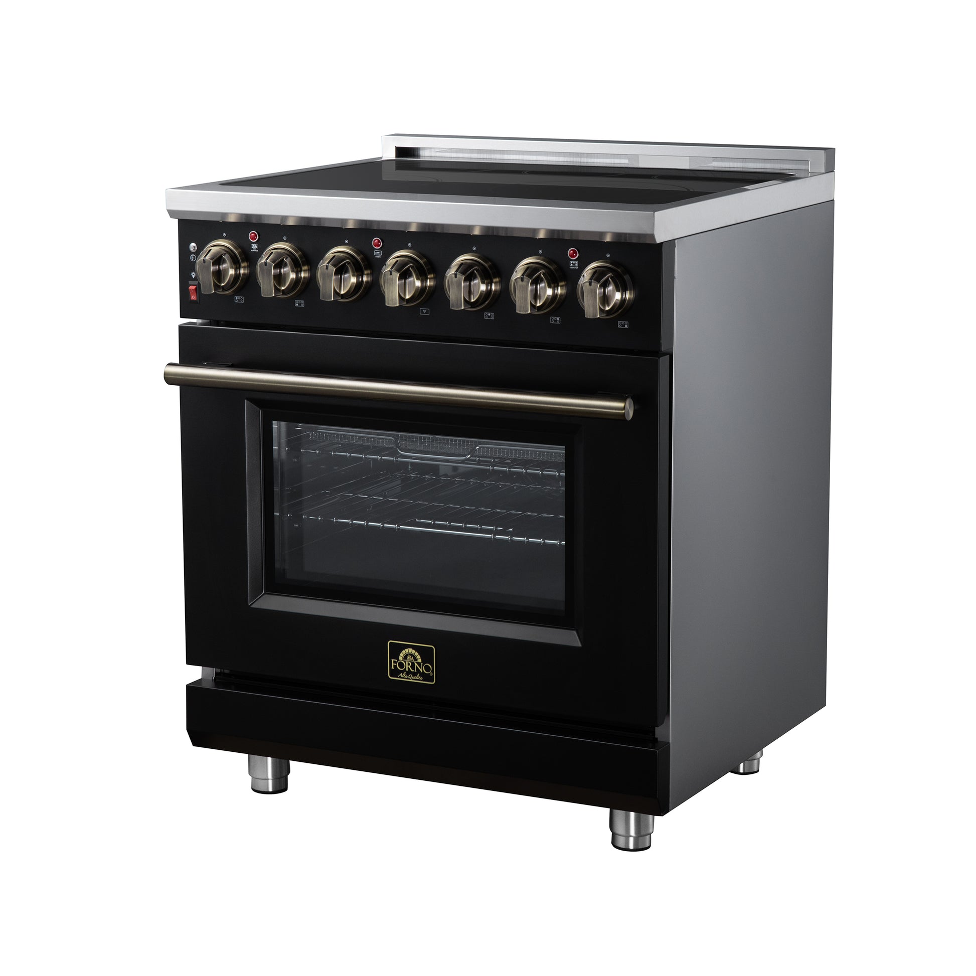 Massimo 30 Inch Freestanding Electric range, 5 radiant burners, 4.32 cf. True Convection oven, Air fryer kit, Black - Forno Appliances