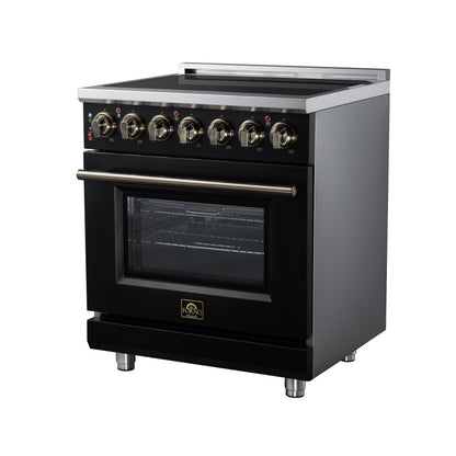 Massimo 30 Inch Freestanding Electric range, 5 radiant burners, 4.32 cf. True Convection oven, Air fryer kit, Black - Forno Appliances
