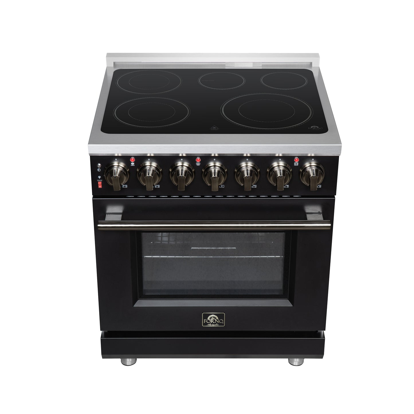 Massimo 30 Inch Freestanding Electric range, 5 radiant burners, 4.32 cf. True Convection oven, Air fryer kit, Black - Forno Appliances