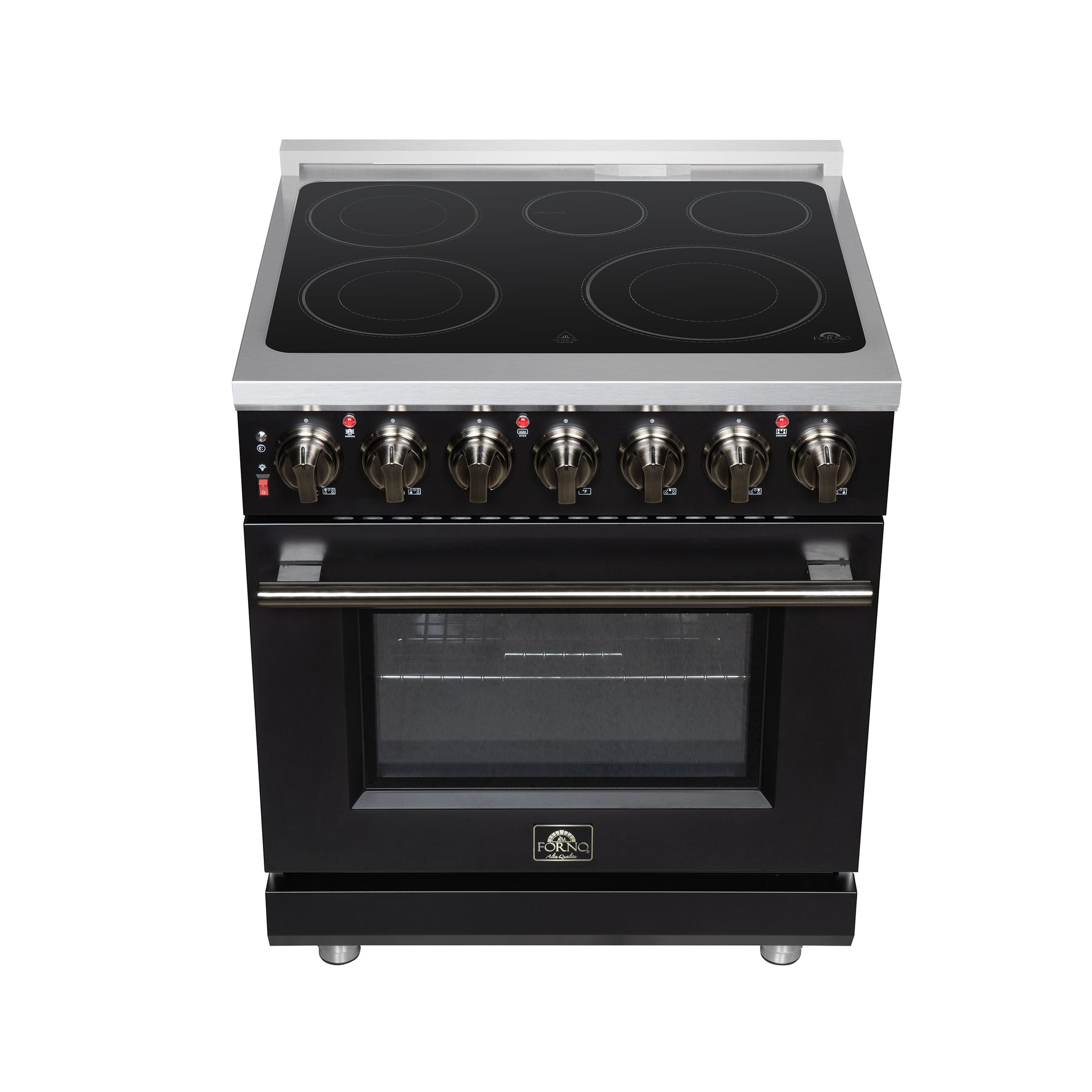 Massimo 30 Inch Freestanding Electric range, 5 radiant burners, 4.32 cf. True Convection oven, Air fryer kit, Black - Forno Appliances
