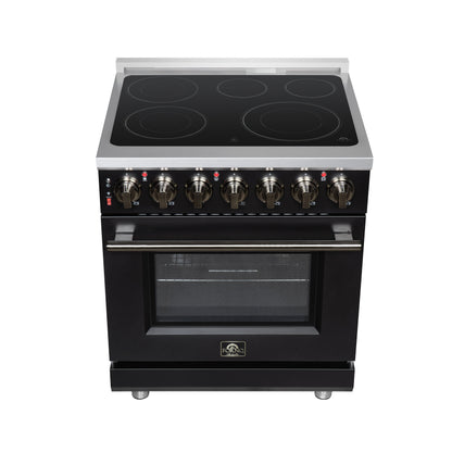 Massimo 30 Inch Freestanding Electric range, 5 radiant burners, 4.32 cf. True Convection oven, Air fryer kit, Black - Forno Appliances