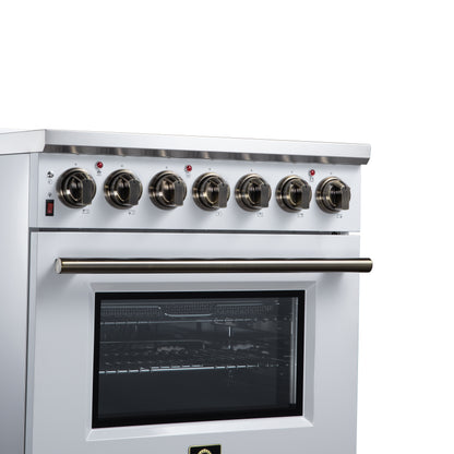 Massimo 30 Inch Freestanding Electric range, 5 radiant burners, 4.32 cf. True Convection oven, Air Fryer Kit, White - Forno Appliances