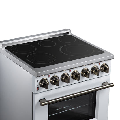 Massimo 30 Inch Freestanding Electric range, 5 radiant burners, 4.32 cf. True Convection oven, Air Fryer Kit, White - Forno Appliances