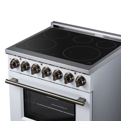 Massimo 30 Inch Freestanding Electric range, 5 radiant burners, 4.32 cf. True Convection oven, Air Fryer Kit, White - Forno Appliances