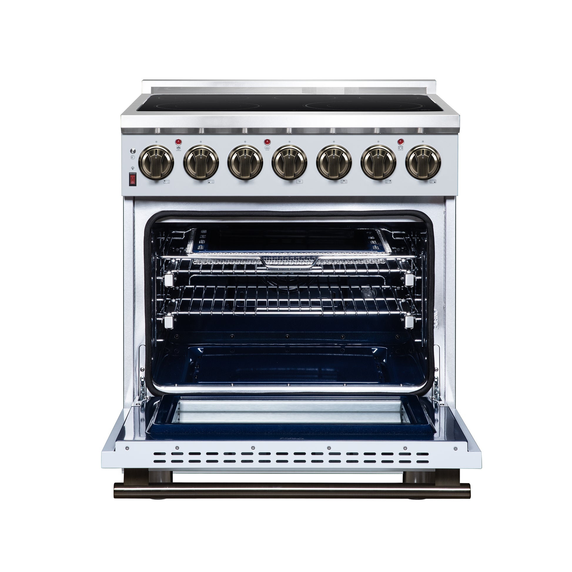 Massimo 30 Inch Freestanding Electric range, 5 radiant burners, 4.32 cf. True Convection oven, Air Fryer Kit, White - Forno Appliances
