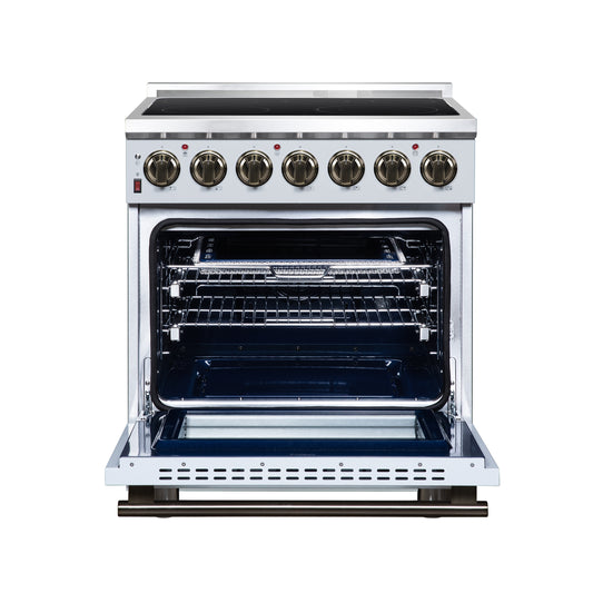 Massimo 30 Inch Freestanding Electric range, 5 radiant burners, 4.32 cf. True Convection oven, Air Fryer Kit, White - Forno Appliances