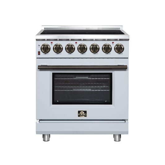 Massimo 30 Inch Freestanding Electric range, 5 radiant burners, 4.32 cf. True Convection oven, Air Fryer Kit, White - Forno Appliances