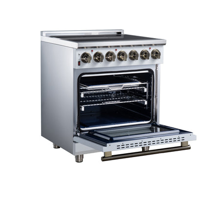 Massimo 30 Inch Freestanding Electric range, 5 radiant burners, 4.32 cf. True Convection oven, Air Fryer Kit, White - Forno Appliances