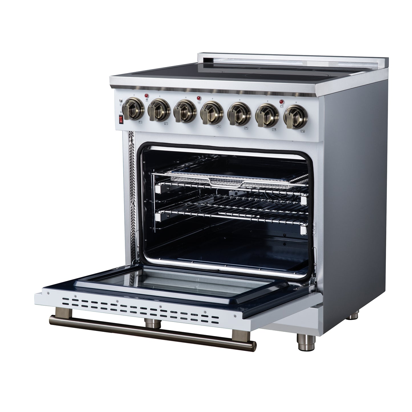 Massimo 30 Inch Freestanding Electric range, 5 radiant burners, 4.32 cf. True Convection oven, Air Fryer Kit, White - Forno Appliances