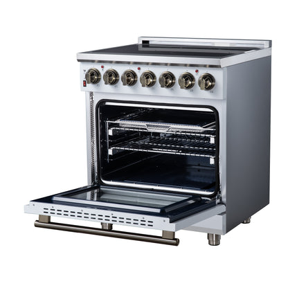 Massimo 30 Inch Freestanding Electric range, 5 radiant burners, 4.32 cf. True Convection oven, Air Fryer Kit, White - Forno Appliances