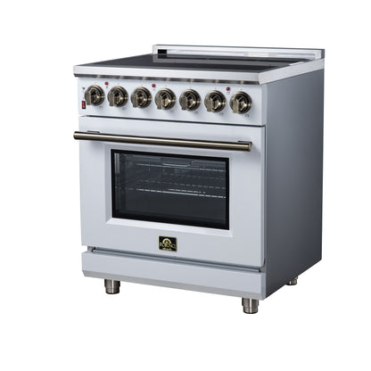 Massimo 30 Inch Freestanding Electric range, 5 radiant burners, 4.32 cf. True Convection oven, Air Fryer Kit, White - Forno Appliances