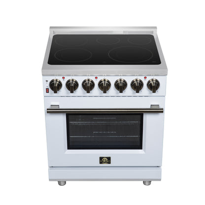 Massimo 30 Inch Freestanding Electric range, 5 radiant burners, 4.32 cf. True Convection oven, Air Fryer Kit, White - Forno Appliances