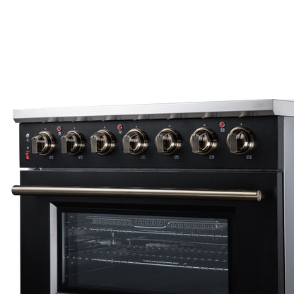 Massimo 36 Inch Freestanding Electric range, 5 radiant burners, 5.36 cf. True Convection oven, Air fryer kit, Black - Forno Appliances