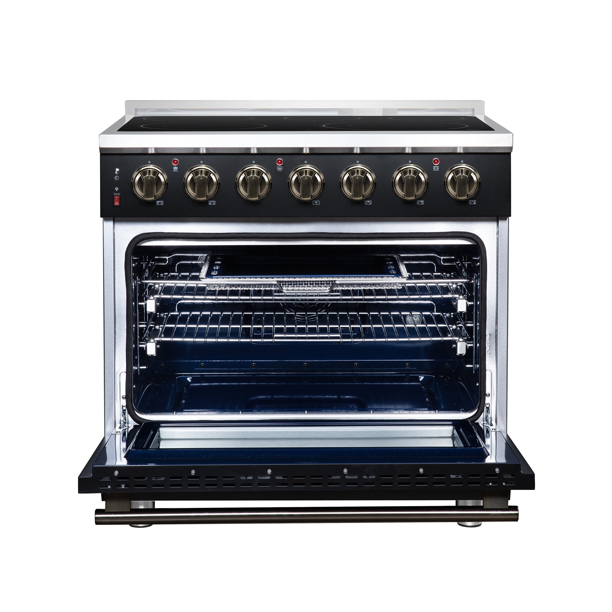 Massimo 36 Inch Freestanding Electric range, 5 radiant burners, 5.36 cf. True Convection oven, Air fryer kit, Black - Forno Appliances