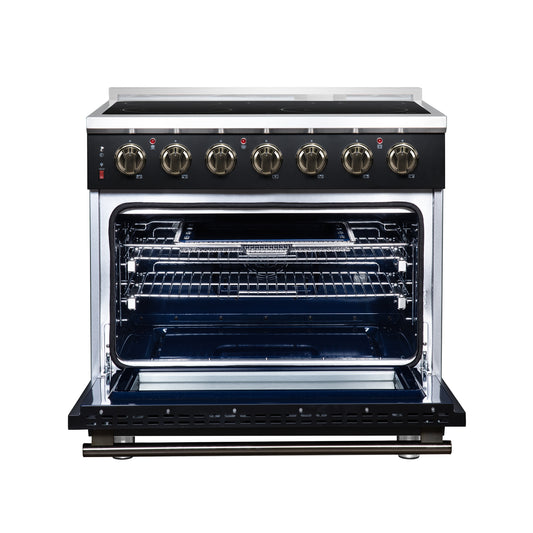 Massimo 36 Inch Freestanding Electric range, 5 radiant burners, 5.36 cf. True Convection oven, Air fryer kit, Black - Forno Appliances