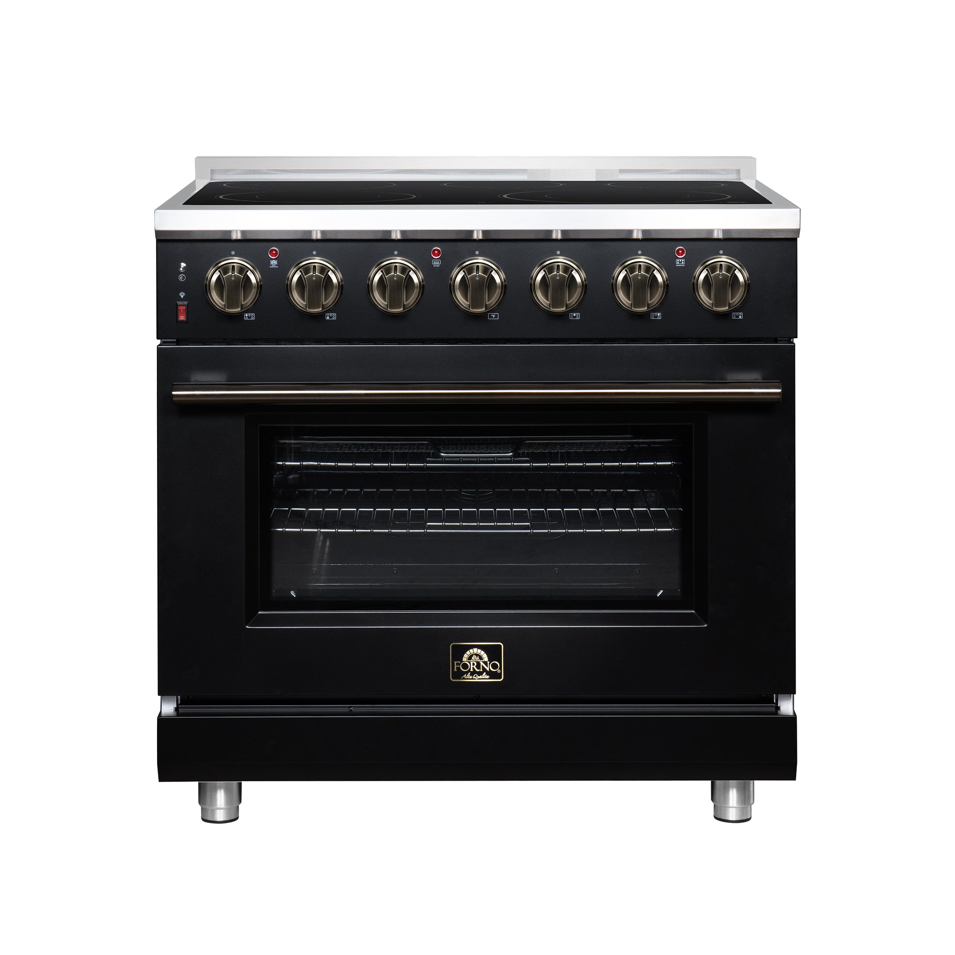 Massimo 36 Inch Freestanding Electric range, 5 radiant burners, 5.36 cf. True Convection oven, Air fryer kit, Black - Forno Appliances