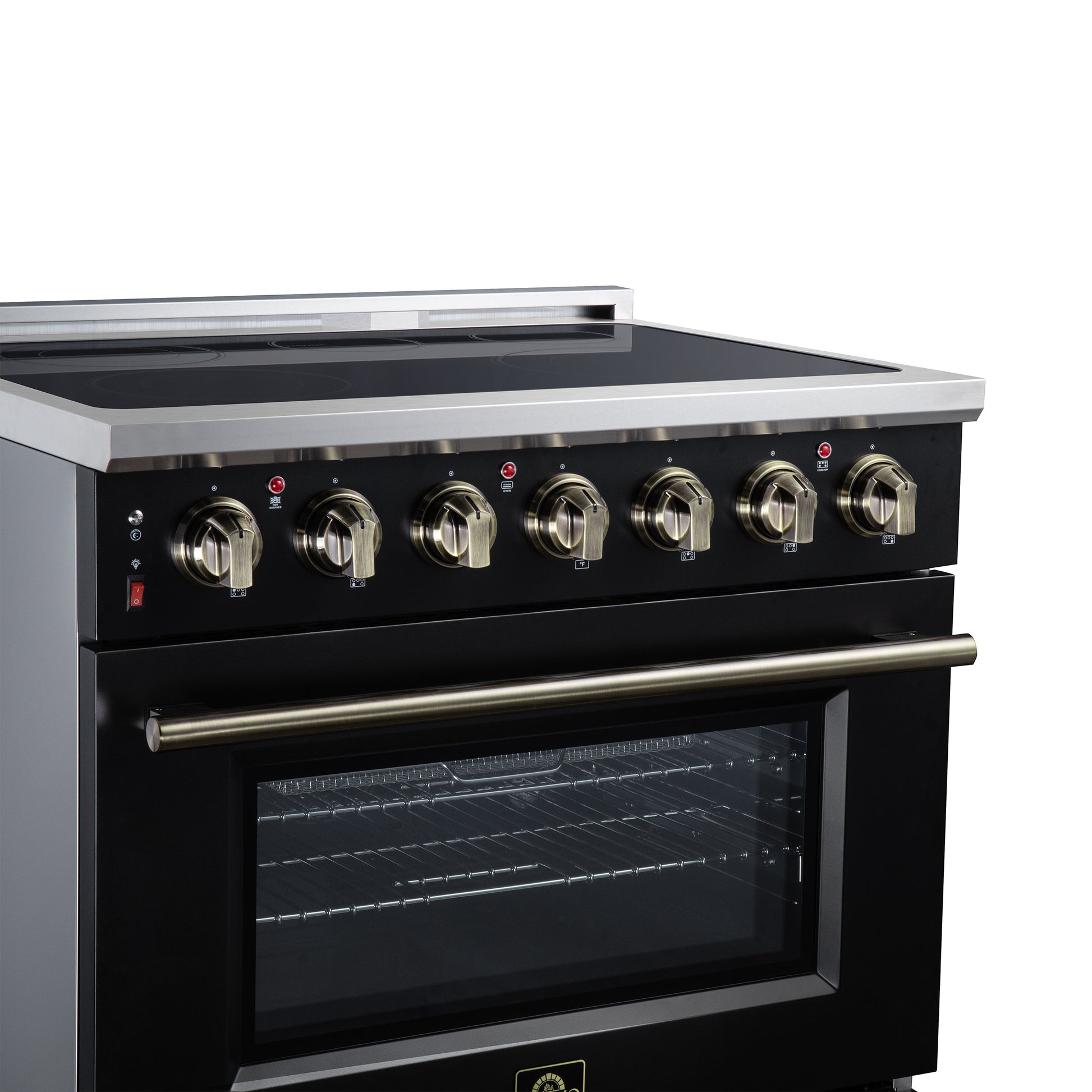 Massimo 36 Inch Freestanding Electric range, 5 radiant burners, 5.36 cf. True Convection oven, Air fryer kit, Black - Forno Appliances