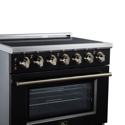 Massimo 36 Inch Freestanding Electric range, 5 radiant burners, 5.36 cf. True Convection oven, Air fryer kit, Black - Forno Appliances