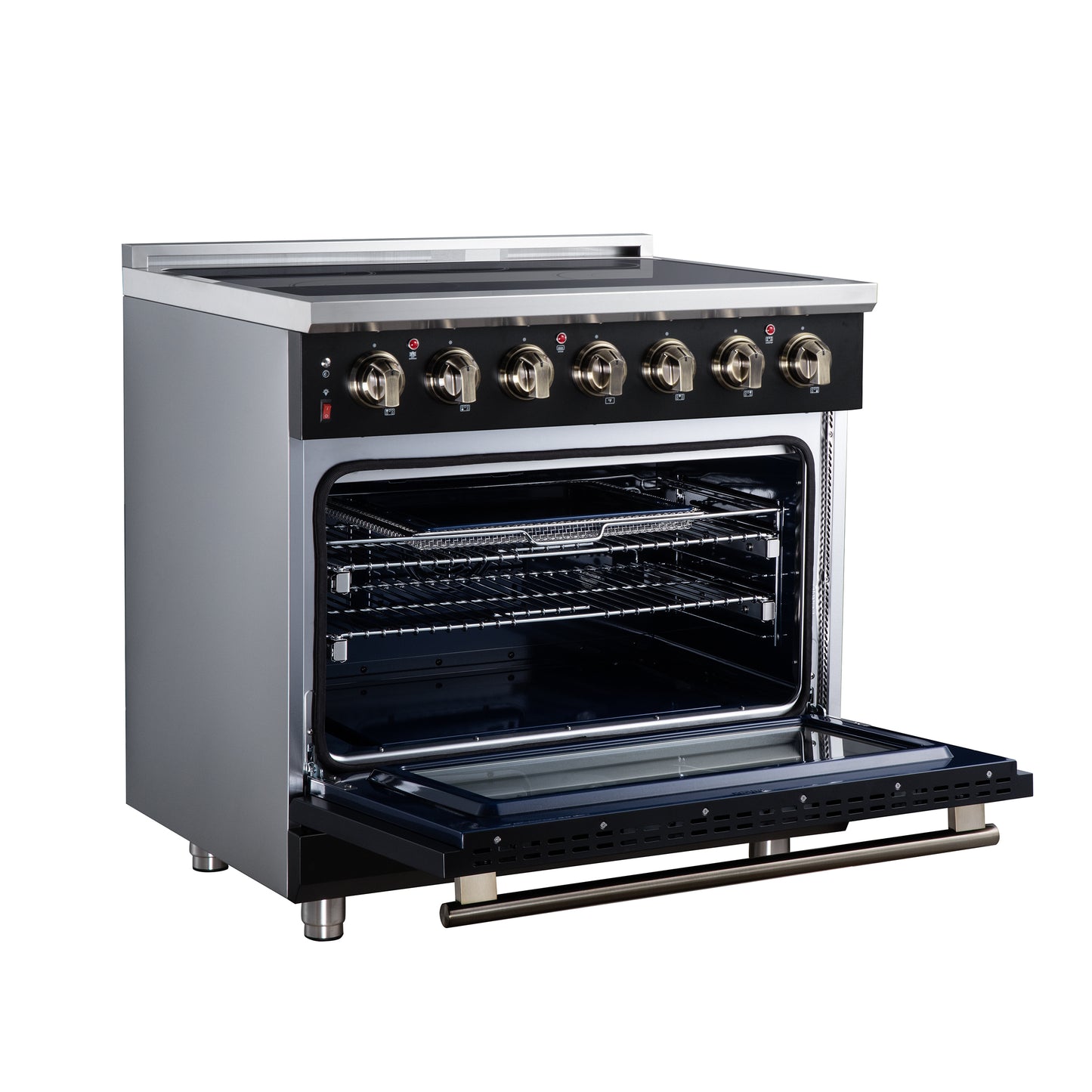 Massimo 36 Inch Freestanding Electric range, 5 radiant burners, 5.36 cf. True Convection oven, Air fryer kit, Black - Forno Appliances