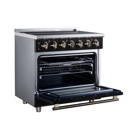Massimo 36 Inch Freestanding Electric range, 5 radiant burners, 5.36 cf. True Convection oven, Air fryer kit, Black - Forno Appliances