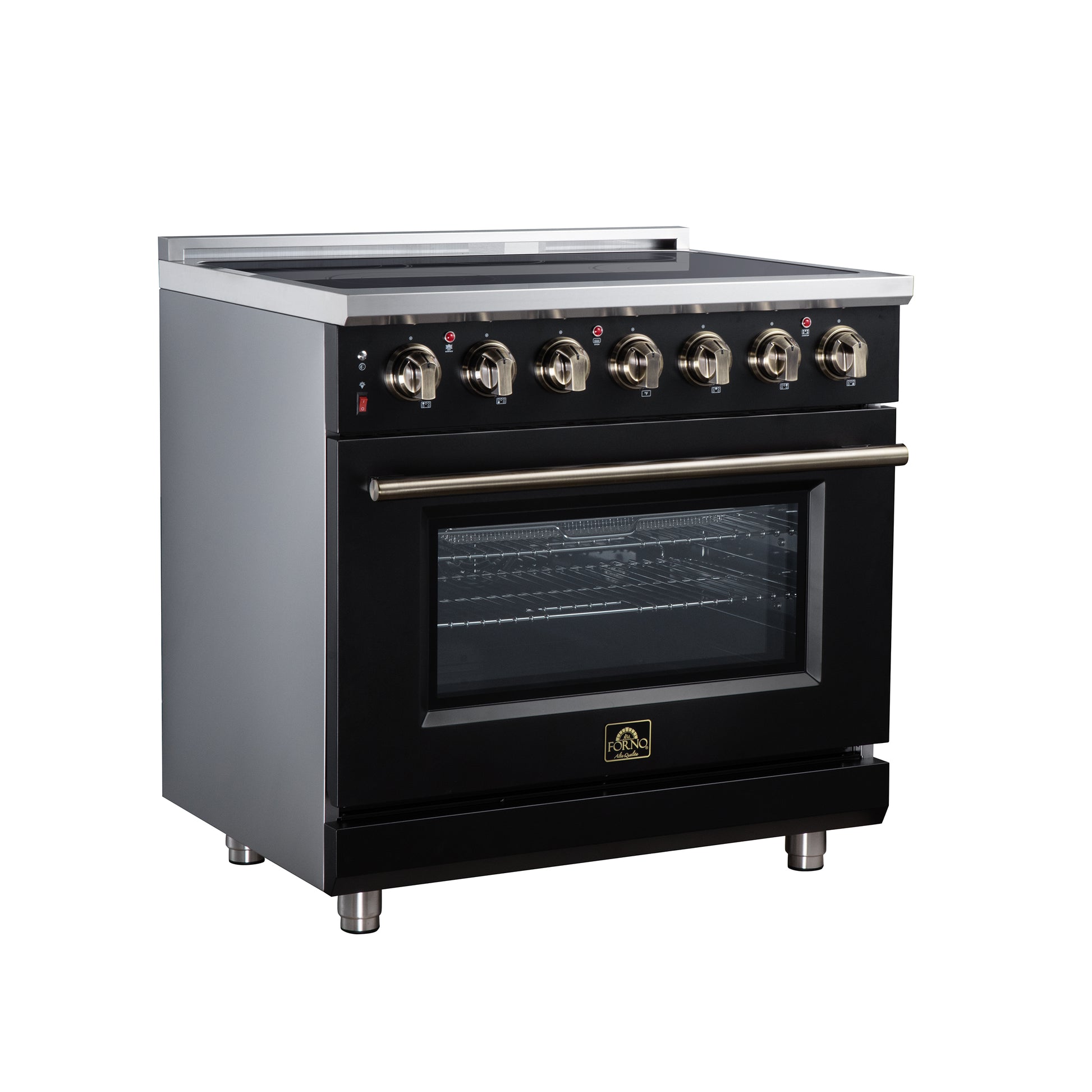 Massimo 36 Inch Freestanding Electric range, 5 radiant burners, 5.36 cf. True Convection oven, Air fryer kit, Black - Forno Appliances