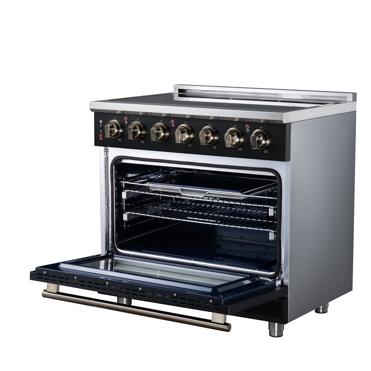 Massimo 36 Inch Freestanding Electric range, 5 radiant burners, 5.36 cf. True Convection oven, Air fryer kit, Black - Forno Appliances