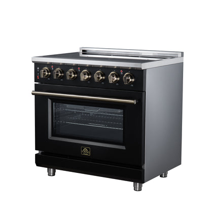Massimo 36 Inch Freestanding Electric range, 5 radiant burners, 5.36 cf. True Convection oven, Air fryer kit, Black - Forno Appliances