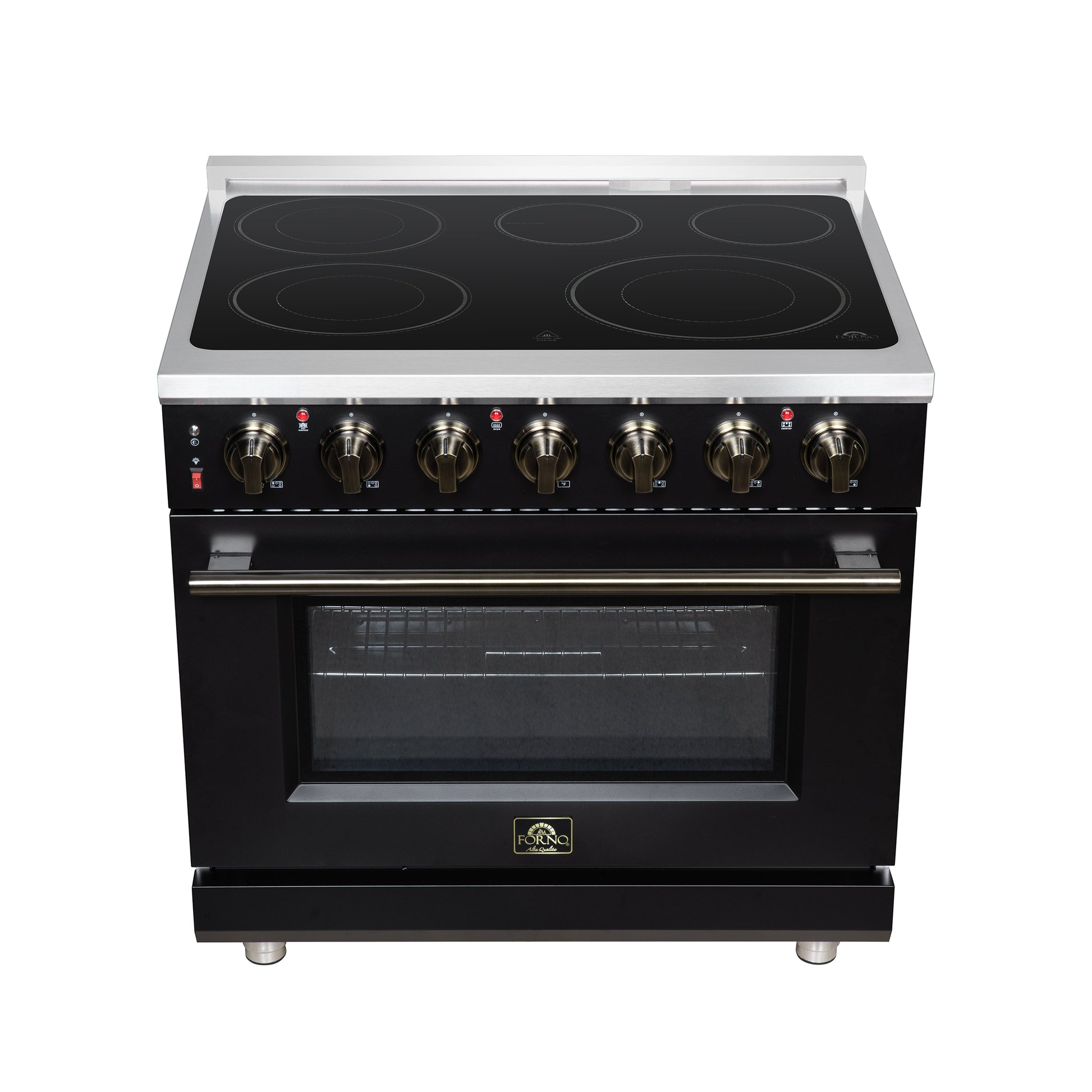 Massimo 36 Inch Freestanding Electric range, 5 radiant burners, 5.36 cf. True Convection oven, Air fryer kit, Black - Forno Appliances