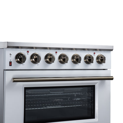 Massimo 36 Inch Freestanding Electric range, 5 radiant burners, 5.36 cf. True Convection oven, Air fryer kit, White - Forno Appliances
