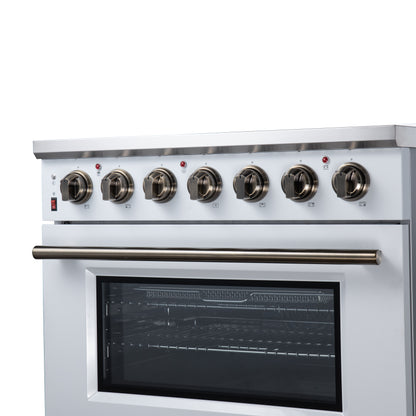 Massimo 36 Inch Freestanding Electric range, 5 radiant burners, 5.36 cf. True Convection oven, Air fryer kit, White - Forno Appliances