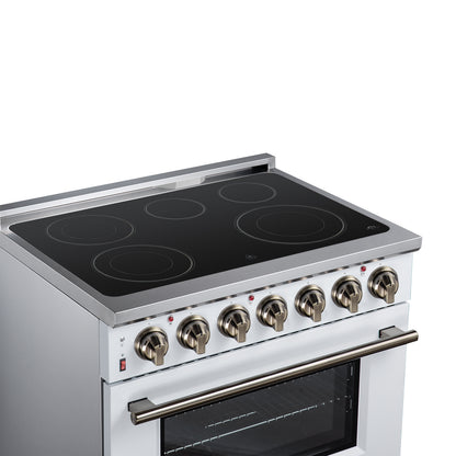 Massimo 36 Inch Freestanding Electric range, 5 radiant burners, 5.36 cf. True Convection oven, Air fryer kit, White - Forno Appliances