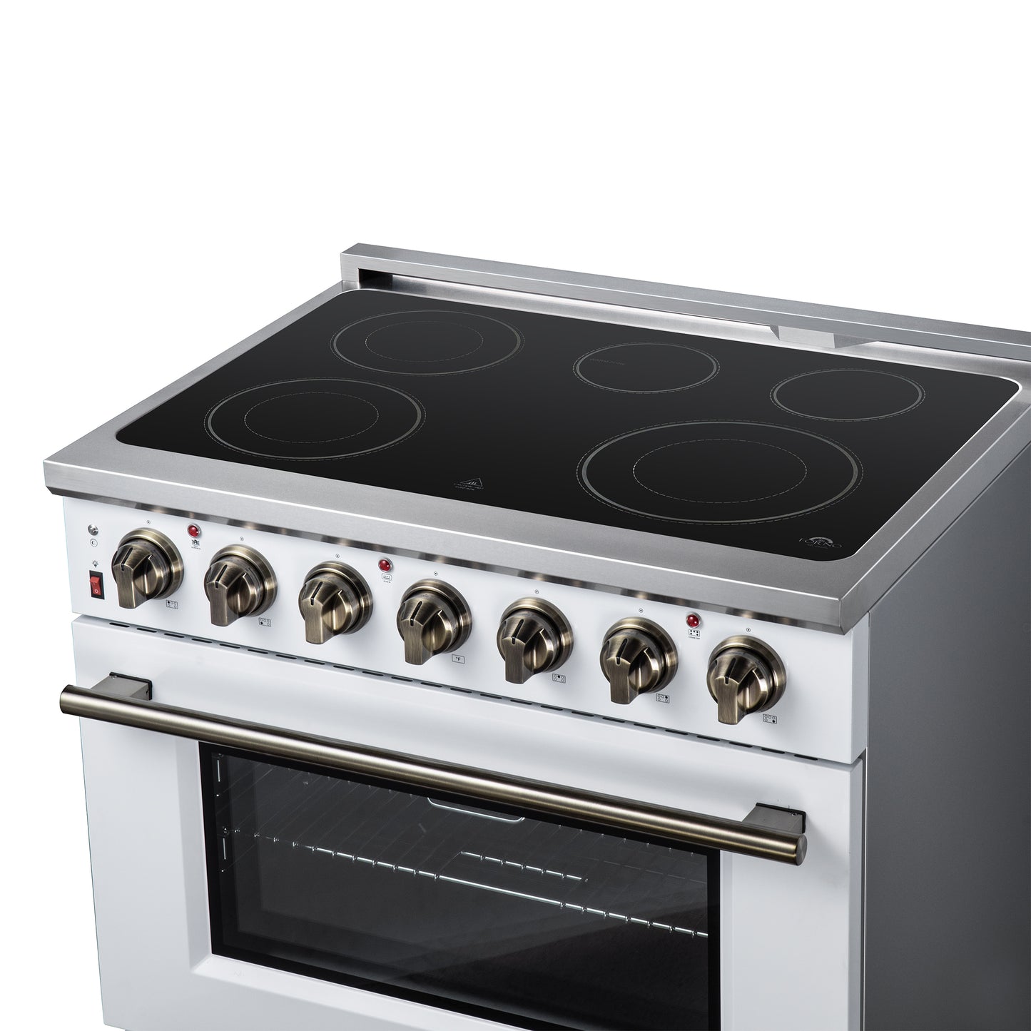 Massimo 36 Inch Freestanding Electric range, 5 radiant burners, 5.36 cf. True Convection oven, Air fryer kit, White - Forno Appliances