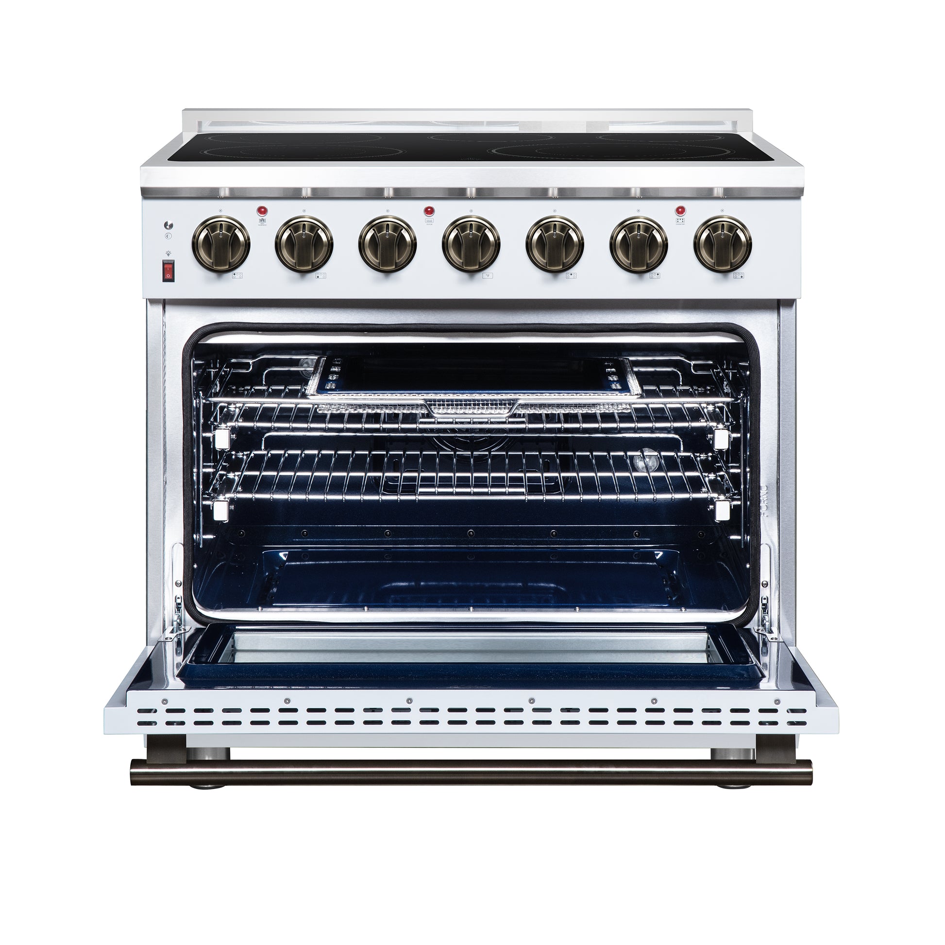 Massimo 36 Inch Freestanding Electric range, 5 radiant burners, 5.36 cf. True Convection oven, Air fryer kit, White - Forno Appliances
