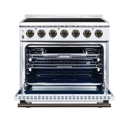 Massimo 36 Inch Freestanding Electric range, 5 radiant burners, 5.36 cf. True Convection oven, Air fryer kit, White - Forno Appliances