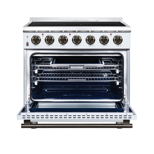 Massimo 36 Inch Freestanding Electric range, 5 radiant burners, 5.36 cf. True Convection oven, Air fryer kit, White - Forno Appliances