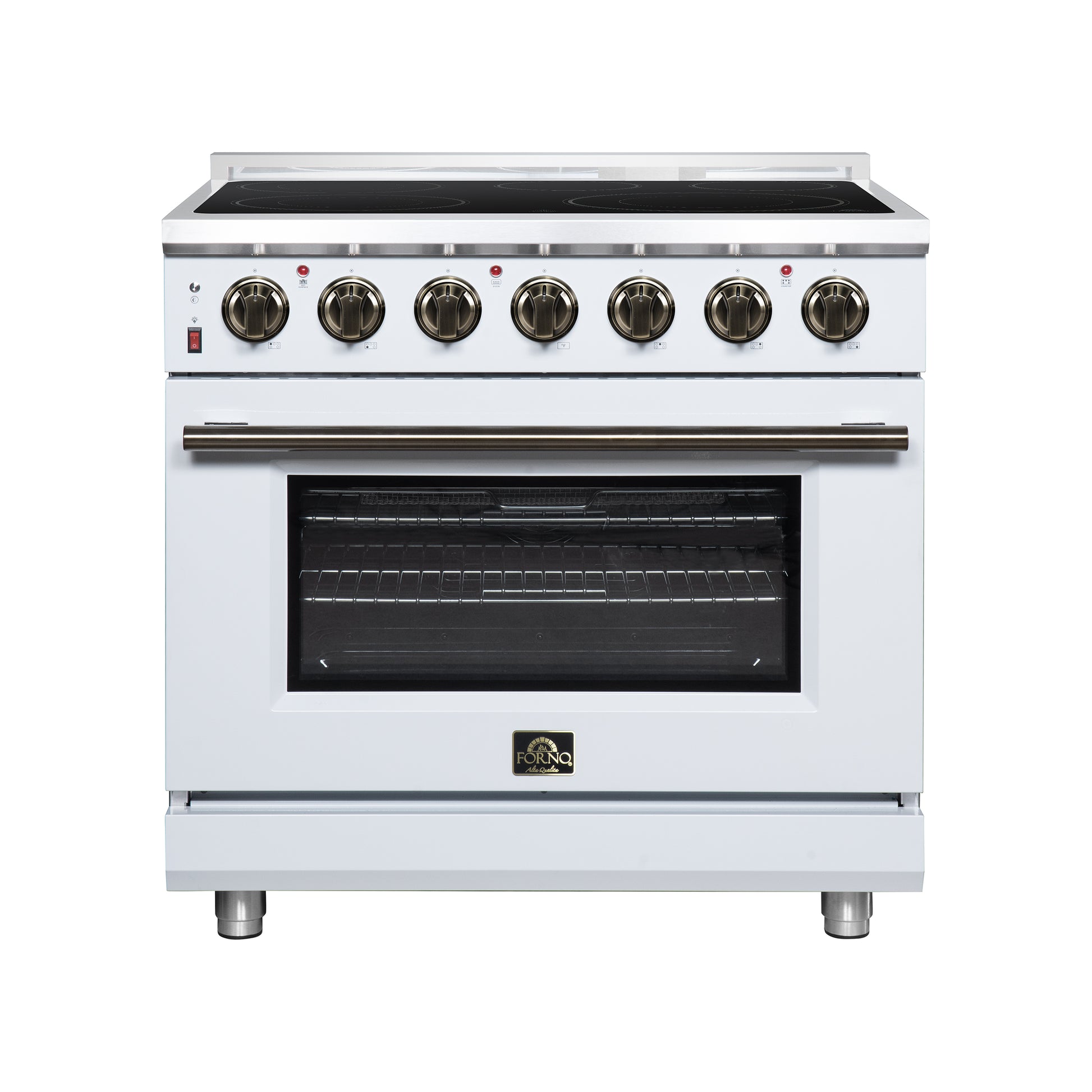 Massimo 36 Inch Freestanding Electric range, 5 radiant burners, 5.36 cf. True Convection oven, Air fryer kit, White - Forno Appliances