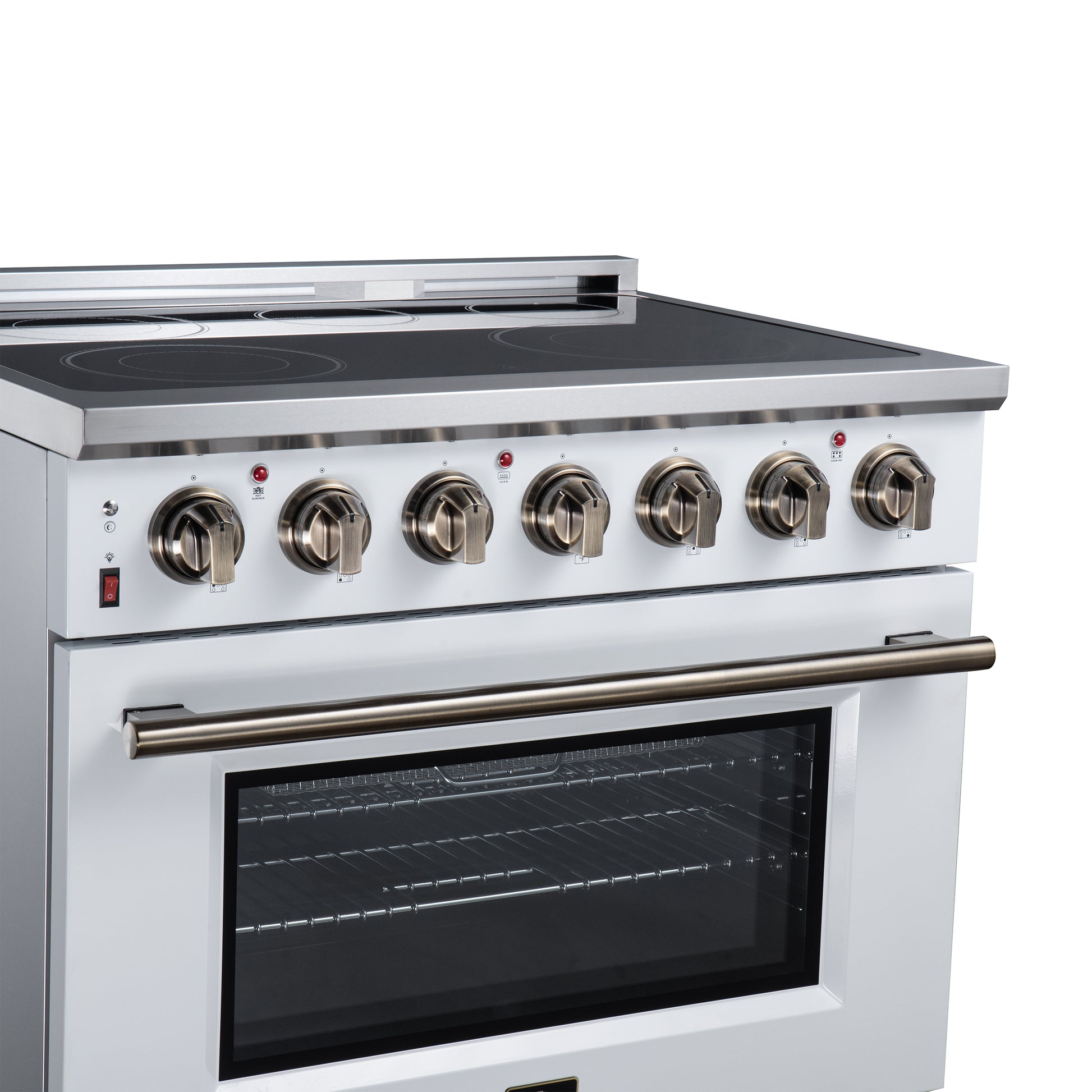 Massimo 36 Inch Freestanding Electric range, 5 radiant burners, 5.36 cf. True Convection oven, Air fryer kit, White - Forno Appliances