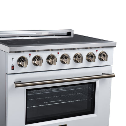 Massimo 36 Inch Freestanding Electric range, 5 radiant burners, 5.36 cf. True Convection oven, Air fryer kit, White - Forno Appliances