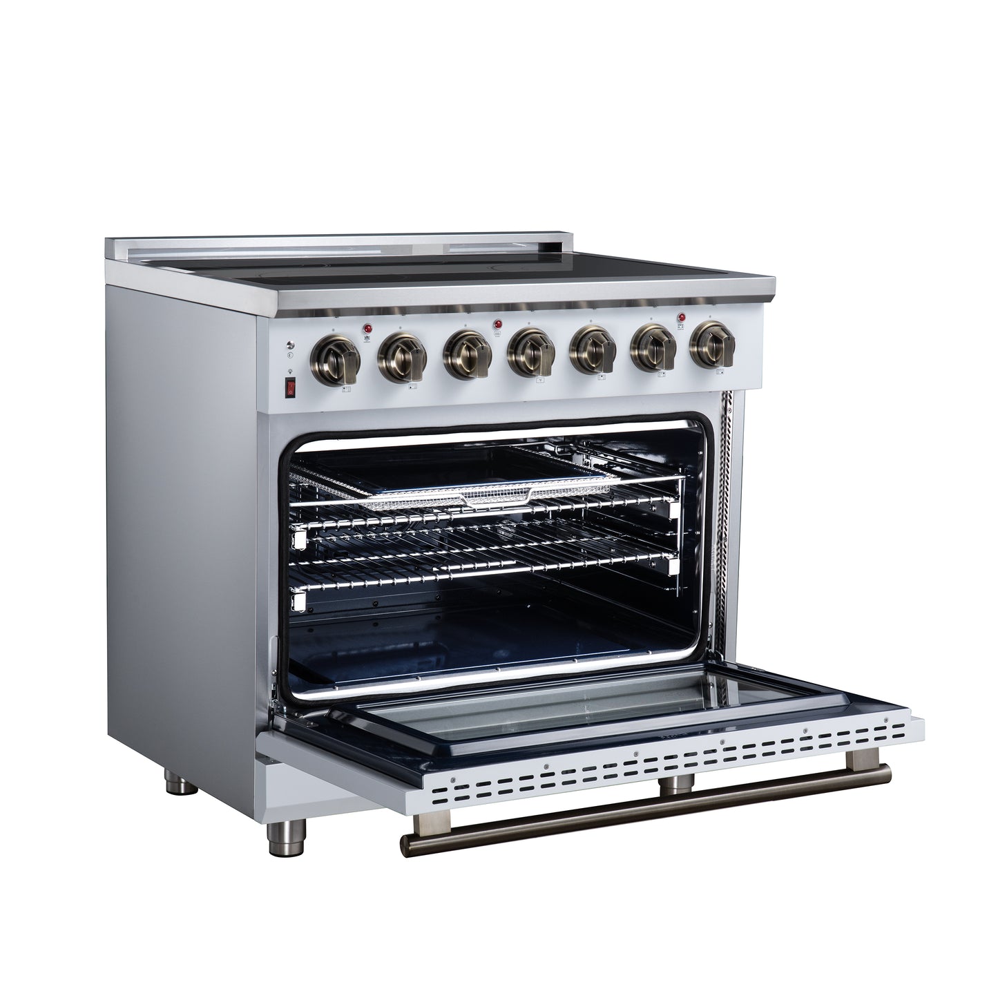 Massimo 36 Inch Freestanding Electric range, 5 radiant burners, 5.36 cf. True Convection oven, Air fryer kit, White - Forno Appliances