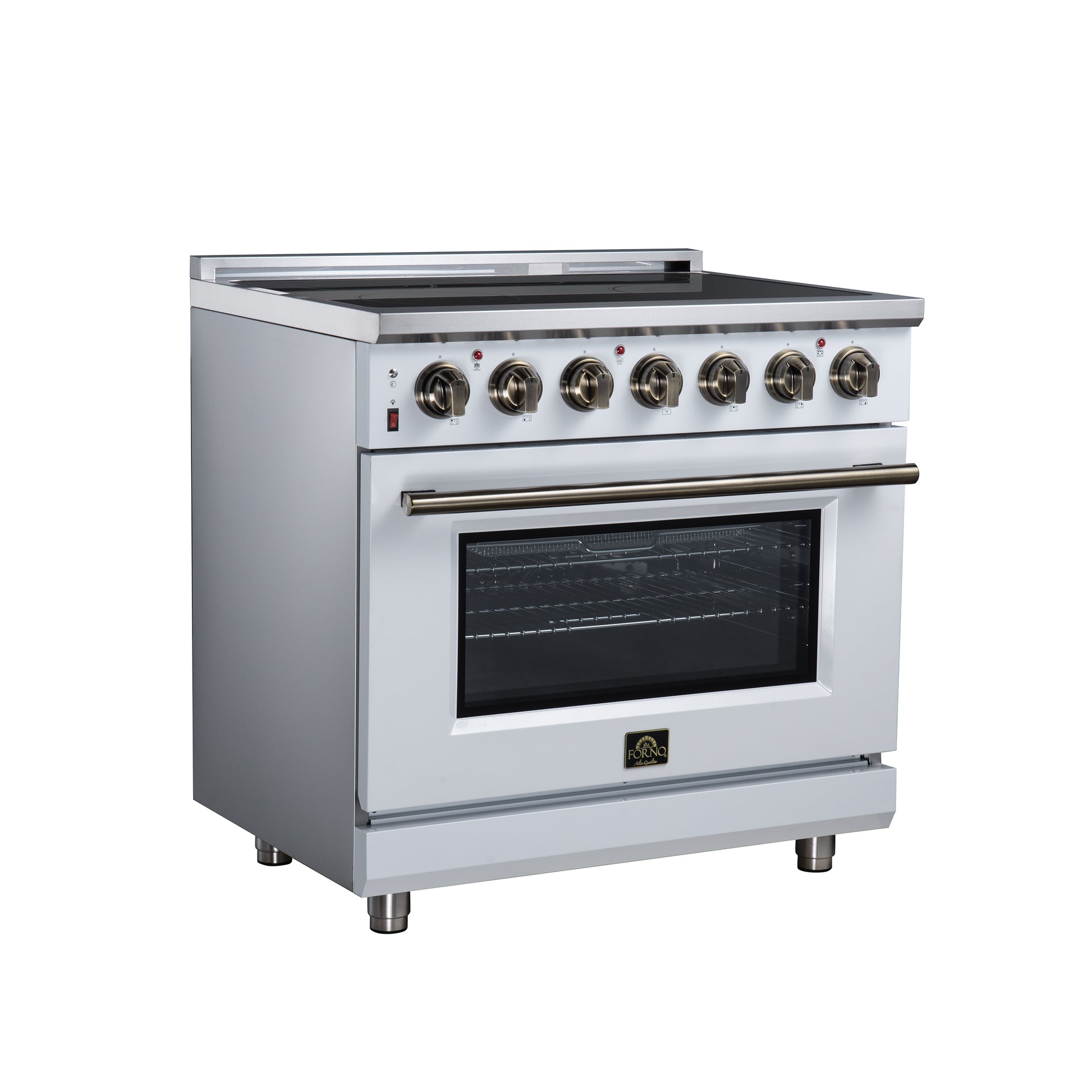 Massimo 36 Inch Freestanding Electric range, 5 radiant burners, 5.36 cf. True Convection oven, Air fryer kit, White - Forno Appliances
