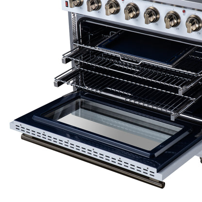 Massimo 36 Inch Freestanding Electric range, 5 radiant burners, 5.36 cf. True Convection oven, Air fryer kit, White - Forno Appliances